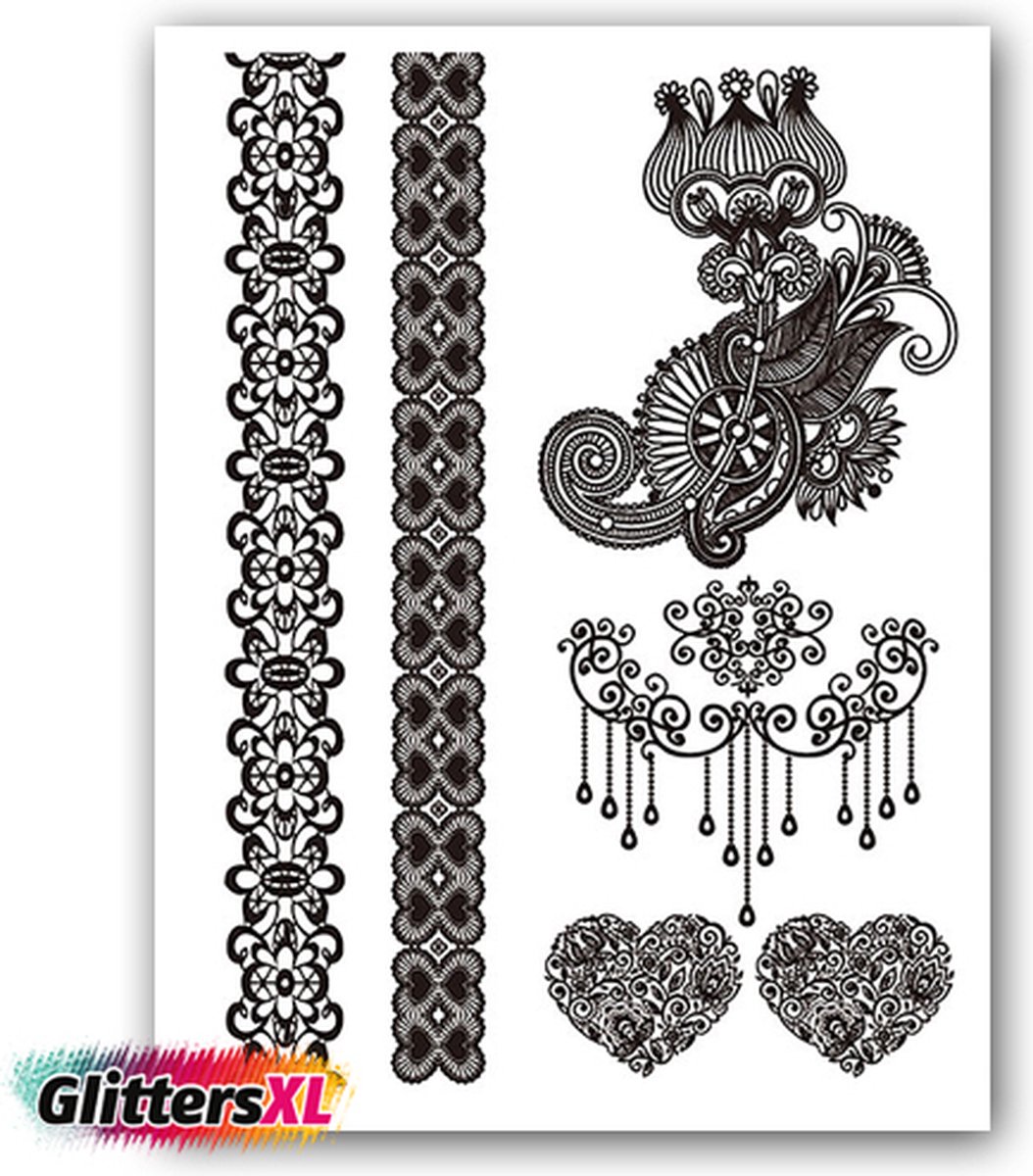 GlittersXL - Temporary Tattoo Henna (A5 formaat) [Neptattoo - Tijdelijke tatoeage - Nep Fake Tattoos - Water overdraagbare festival sticker henna outfit tattoo - Glitter tattoo - Volwassenen Kinderen Jongen Meisje]